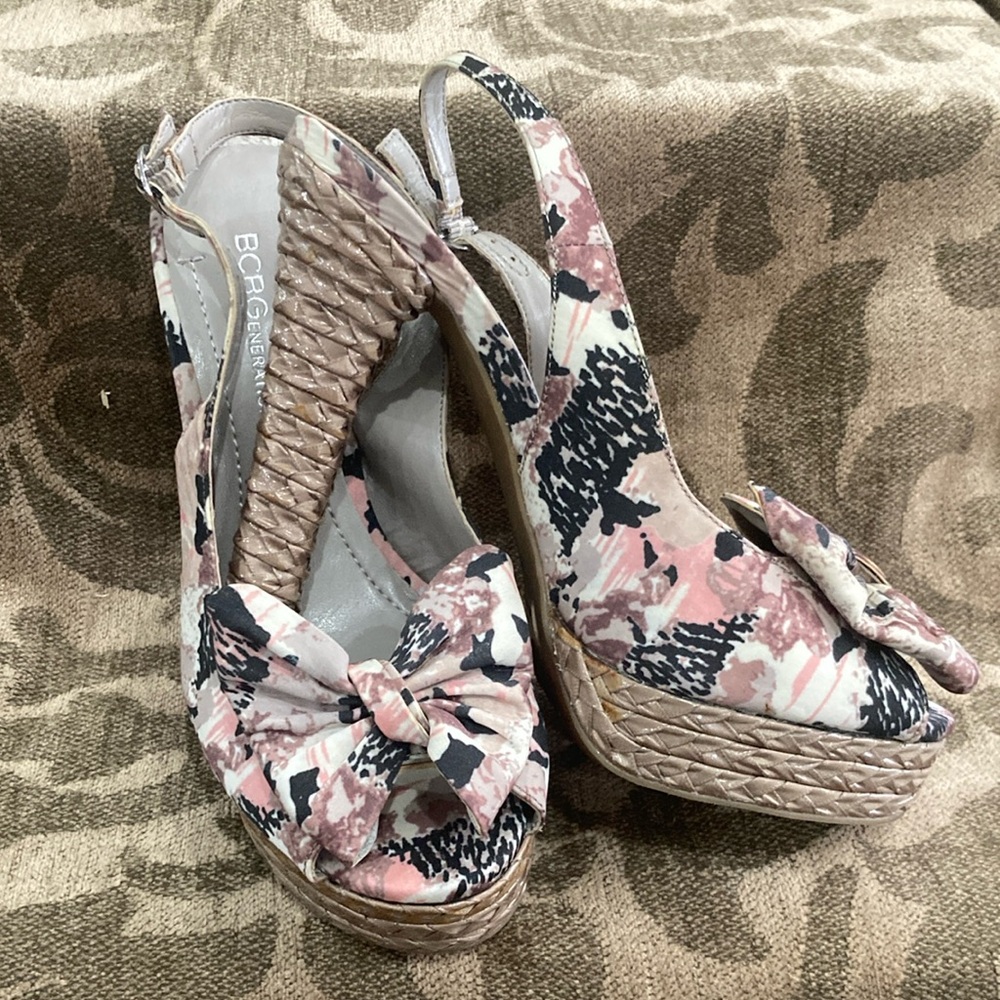 BCBGeneration Pink and Black Platform Shoes with Espadrille Wedge